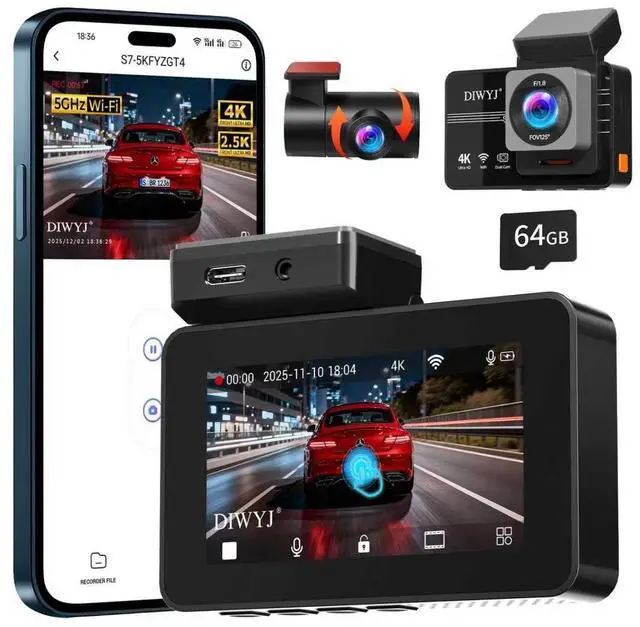 Main image of Dash Cam Front and Rear, 4K+2.5K+1080P with 170 Fisheye Lens, Full HD Dash Camera for Cars, 5GHz WiFi, IR Night Vision, WDR, 64GB Card Included (Dual Channel)