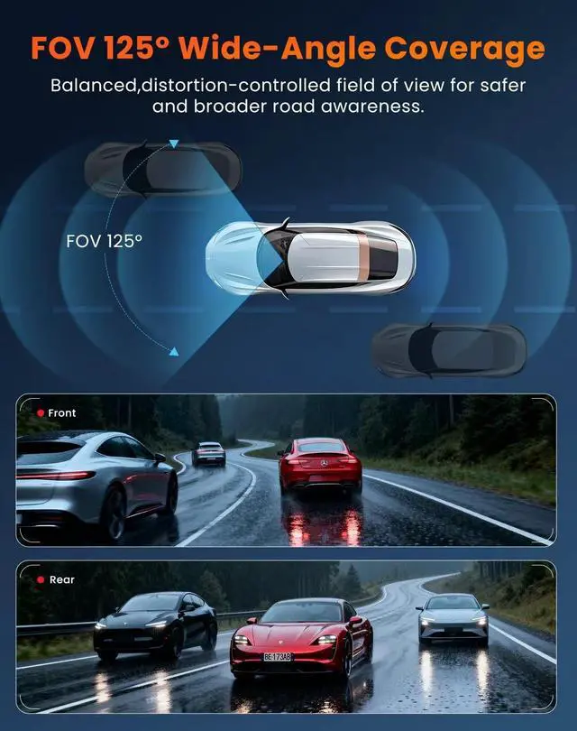 Alt view image 2 of 5 - Dash Cam Front and Rear, 4K+2.5K+1080P with 170 Fisheye Lens, Full HD Dash Camera for Cars, 5GHz WiFi, IR Night Vision, WDR, 64GB Card Included (Dual Channel)