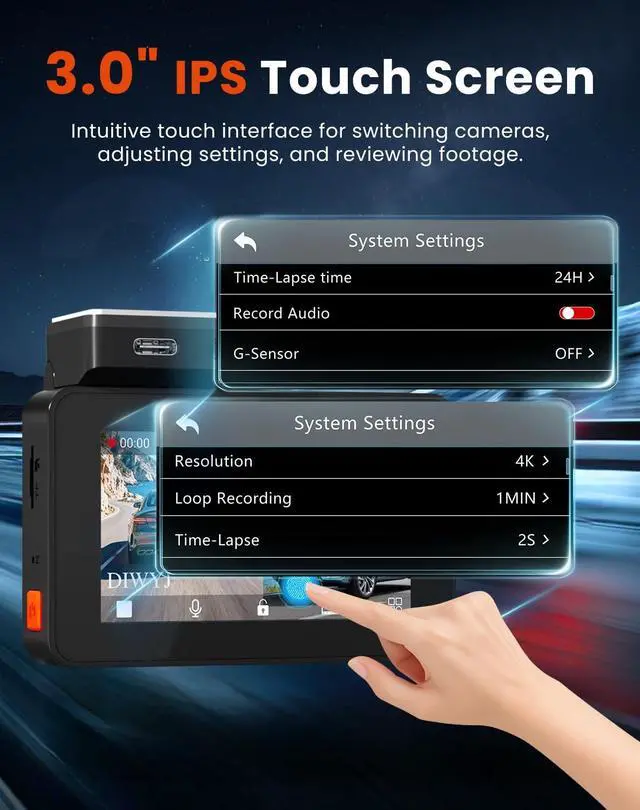 Alt view image 4 of 5 - Dash Cam Front and Rear, 4K+2.5K+1080P with 170 Fisheye Lens, Full HD Dash Camera for Cars, 5GHz WiFi, IR Night Vision, WDR, 64GB Card Included (Dual Channel)