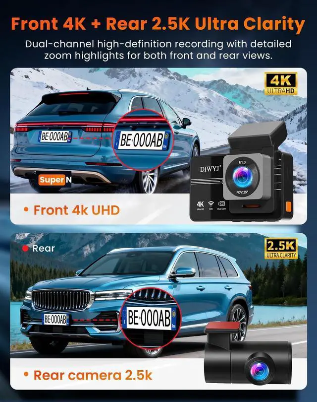 Alt view image 3 of 5 - Dash Cam Front and Rear, 4K+2.5K+1080P with 170 Fisheye Lens, Full HD Dash Camera for Cars, 5GHz WiFi, IR Night Vision, WDR, 64GB Card Included (Dual Channel)