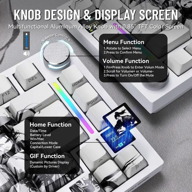 Alt view image 3 of 5 - MAMBASNAKE Attack Shark X820 Ultra Wireless Mechanical Keyboard with TFT Smart Display&Knob,75% Bluetooth/2.4GHz/USB-C Keyboard,Gasket-Mounted Linear Switch with Coiled Cable,for Win/Mac, Ink S