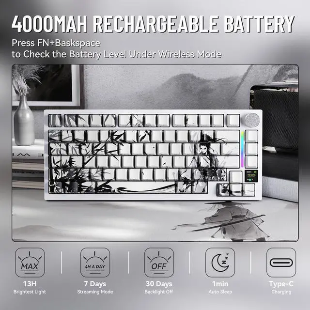 Alt view image 5 of 5 - MAMBASNAKE Attack Shark X820 Ultra Wireless Mechanical Keyboard with TFT Smart Display&Knob,75% Bluetooth/2.4GHz/USB-C Keyboard,Gasket-Mounted Linear Switch with Coiled Cable,for Win/Mac, Ink S