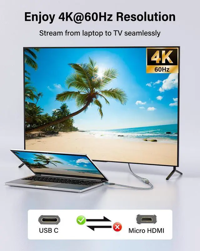 Alt view image 5 of 5 - RUIZHI 4K USB C to Micro HDMI Cable 3 FT, 4K@60Hz/2K@120Hz Type-C to Micro HDMI for MacBook, iPad Pro, iPhone 15, Galaxy S23, Steam Deck, ROG Ally, Laptop to Portable Monitor Cable