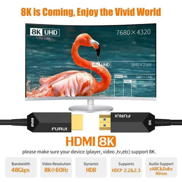 Alt view image 2 of 5 - FURUI 8K Fiber HDMI Cable 40ft, Fiber Optic HDMI 2.1 Cable 8K@60Hz,4K@120Hz, 48Gbps, Dynamic HDR, eARC Compatible with RTX 3080/3090 Xbox Series X PS5 Denon AV Receiver LG Samsung Sony TV