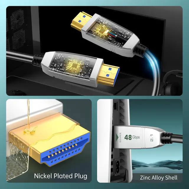 Alt view image 2 of 5 - FeizLink 8K Fiber Optic HDMI Cable 30FT, 48Gbps Ultra High Speed HDMI 2.1 Cable, Support 8K60Hz 4K120Hz HDR eARC HDCP 2.2&2.3, HDMI Cord Compatible with Roku TV/HDTV/PS5/Blu-ray