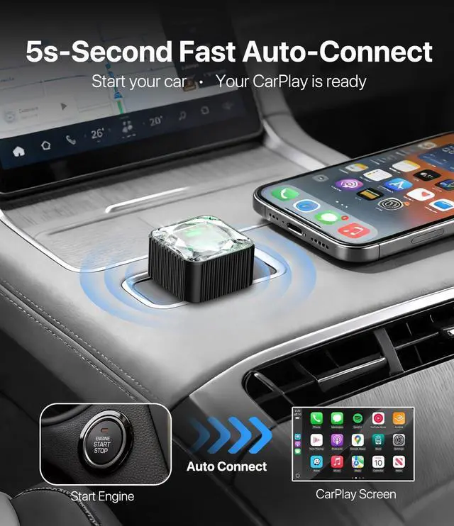 Alt view image 3 of 5 - Wireless CarPlay Adapter for iPhone, Premium Glass Finish Design, 5s Auto-Connect, Mini Wireless CarPlay Dongle Compatible with Apple CarPlay, Plug & Play for Factory Wired Cars, Low Lat