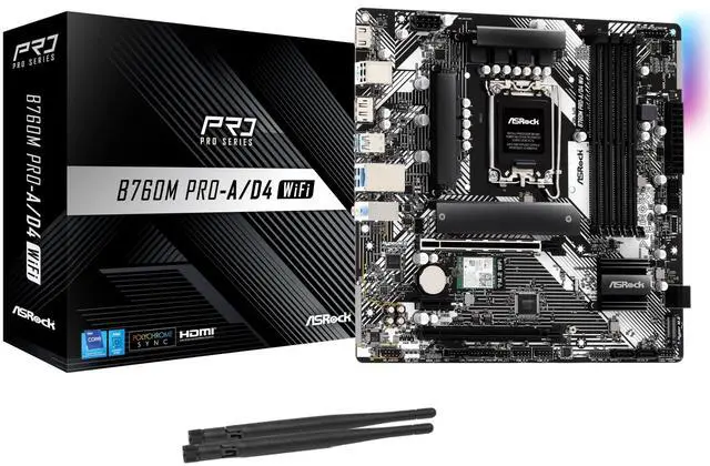 Main image of ASRock B760M Pro-A/D4 WiFi Micro ATX Motherboard, Intel LGA1700, DDR4 5333+ (OC), PCIe 4.0, 2.5G LAN, Wi-Fi 6E, 7+1+1 Dr.MOS