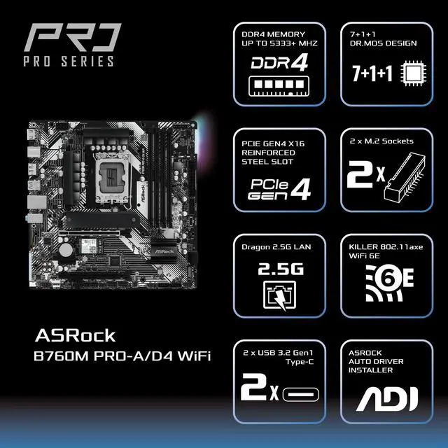 Alt view image 4 of 5 - ASRock B760M Pro-A/D4 WiFi Micro ATX Motherboard, Intel LGA1700, DDR4 5333+ (OC), PCIe 4.0, 2.5G LAN, Wi-Fi 6E, 7+1+1 Dr.MOS