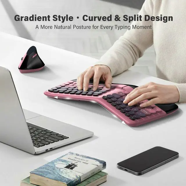 Alt view image 2 of 5 - MOFII Wireless Ergonomic Keyboard & Mouse Combo Split Curved Keyboard with Wrist Rest (All-Day Comfort) + Wireless Vertical Ergonomic Optical Mouse, Compatible with PC/Laptop/Desktop- P