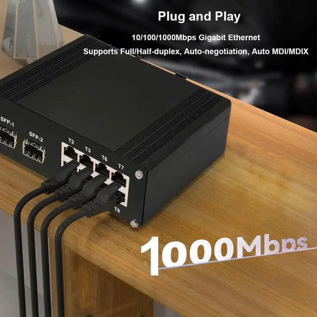 Alt view image 2 of 5 - Industrial 8-Port Gigabit Ethernet Switch DIN Rail Mount - 10/100/1000Mbps Unmanaged With 2 SFP Fiber Ports