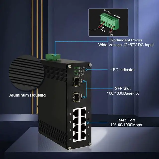 Alt view image 3 of 5 - Industrial 8-Port Gigabit Ethernet Switch DIN Rail Mount - 10/100/1000Mbps Unmanaged With 2 SFP Fiber Ports