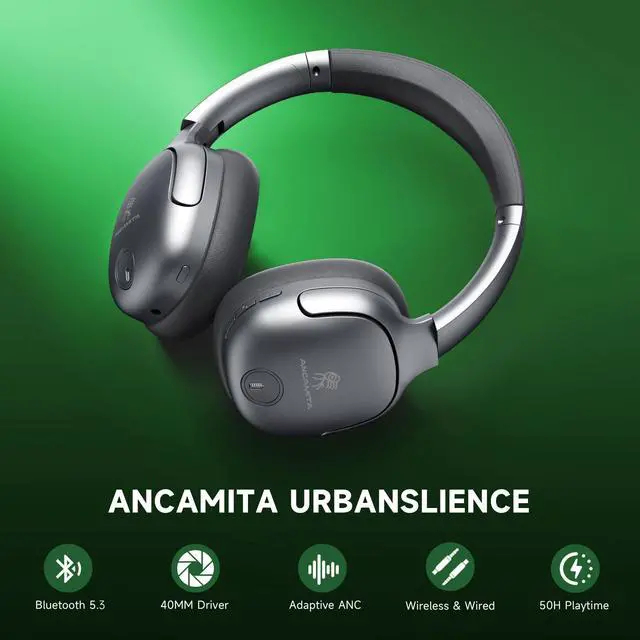 Alt view image 2 of 5 - ANCAMITA Wireless Hybrid Active Noise Cancelling Headphones, 50H Playtime Wireless Over Ear Headphones with Microphone, HiFi Deep Bass, Comfortable Foldable Earphones for Travel/Work (Gr