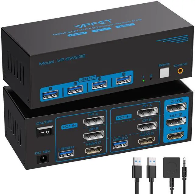 Main image of 8K KVM Switch 3 Monitors 2 Computers HDMI Displayport 4K@120Hz Triple Monitor KVM Switches for 2 PC Share 4 USB 3.0 Ports Support Extended & Copy Mode Desktop Controller 12V Adapter Included
