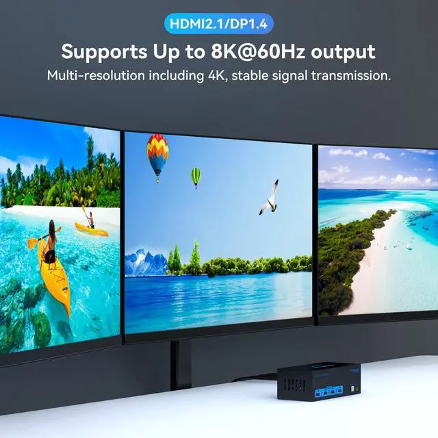 Alt view image 5 of 5 - 8K KVM Switch 3 Monitors 2 Computers HDMI Displayport 4K@120Hz Triple Monitor KVM Switches for 2 PC Share 4 USB 3.0 Ports Support Extended & Copy Mode Desktop Controller 12V Adapter Included