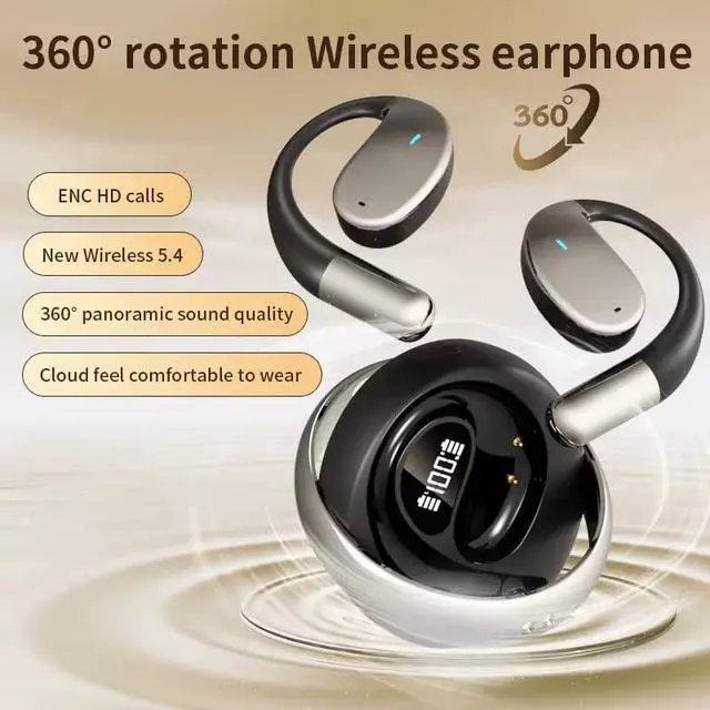 Alt view image 5 of 5 - SYLROSE OWS Ear Hook Sports Earbuds with Wireless 6.1, Secure Ergonomic Design for Gaming, ENC HD Calls, and Silicone Lanyard (Beige)