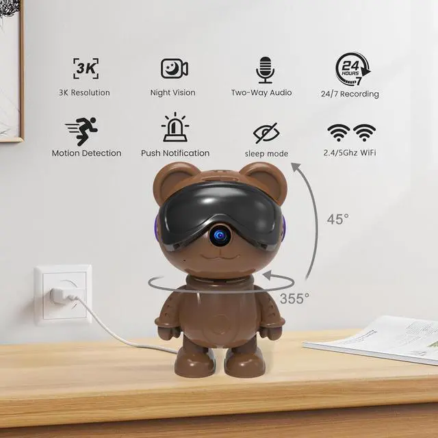 Alt view image 2 of 5 - DZCCTVIPC 3K 5MP Indoor Security Camera for Home Cute Bear Baby Monitor & Pet Camera, 2.4/5G WiFi, AI Human & Pet Detection with Auto Tracking, IR Night Vision, RTSP/ONVIF, Works with Alexa & Google