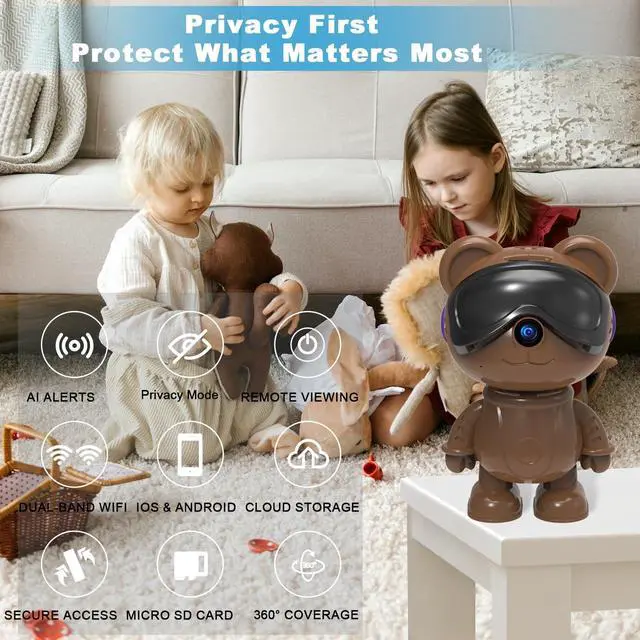 Alt view image 3 of 5 - DZCCTVIPC 3K 5MP Indoor Security Camera for Home Cute Bear Baby Monitor & Pet Camera, 2.4/5G WiFi, AI Human & Pet Detection with Auto Tracking, IR Night Vision, RTSP/ONVIF, Works with Alexa & Google
