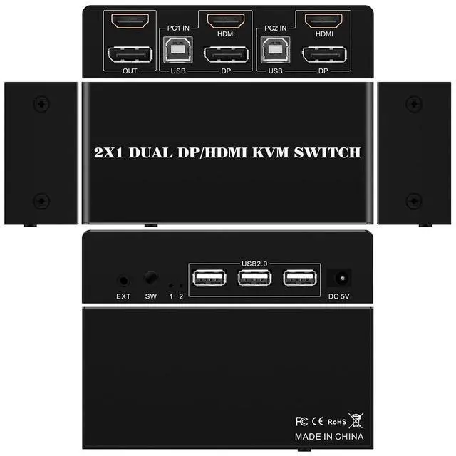 Main image of 8K@30Hz Displayport HDMI DP KVM Switch 2 Monitors Computers Display Port 4K@60Hz HDMI with 3 USB Port Keyboard Mouse Switcher for selector 2 PC or 2 Laptops Share 1 Set of Keyboard Mouse Printer