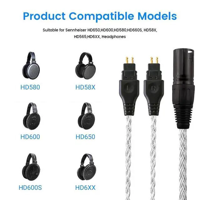 Alt view image 3 of 5 - Tirstrup Replacement Cable for SENNHEISER Headphones HD650 HD600 HD580 HD535 HD545 HD565 HD265 with 4pin XLR (1.2m, 4pin Male)