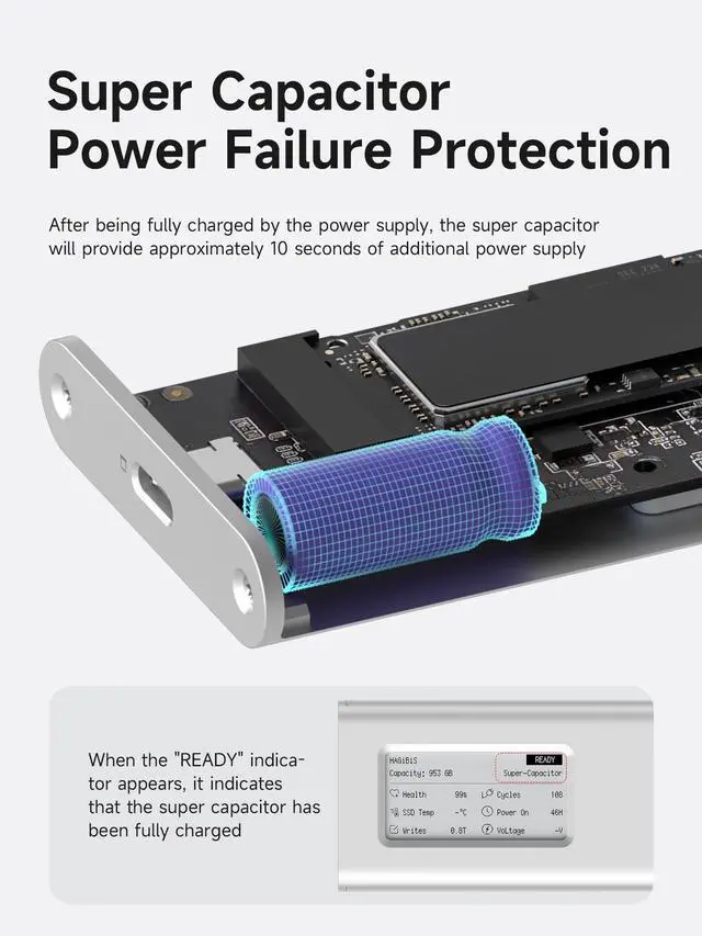 Alt view image 4 of 5 - Hagibis SSD Enclosure, E-Ink Display Aluminum 10Gbps M.2 NVMe SSD Case, Ink Screen Super Capacitor USB 3.2 Gen 2 to PCI-E NVMe M and B&M Keys External SSD Enclosure for 2230/2242/2260/2280 SSDs 9210CN