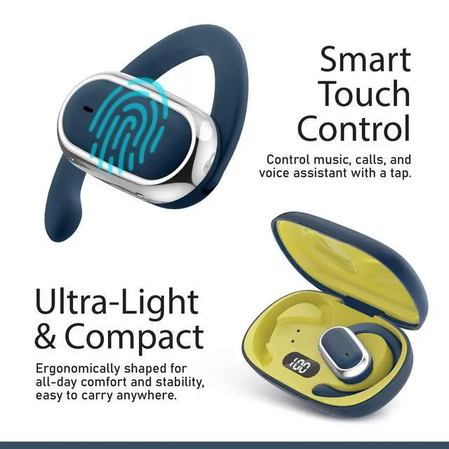 Alt view image 3 of 5 - Quiksilver Open Ear Wireless Earbuds, Bluetooth 5.4 Headphones with Smart Digital Display and Ergonomic Secure Fit Earhook, Touch Controls, Sweat Resistant, Sports/Fitness/Travel/Workouts (Navy