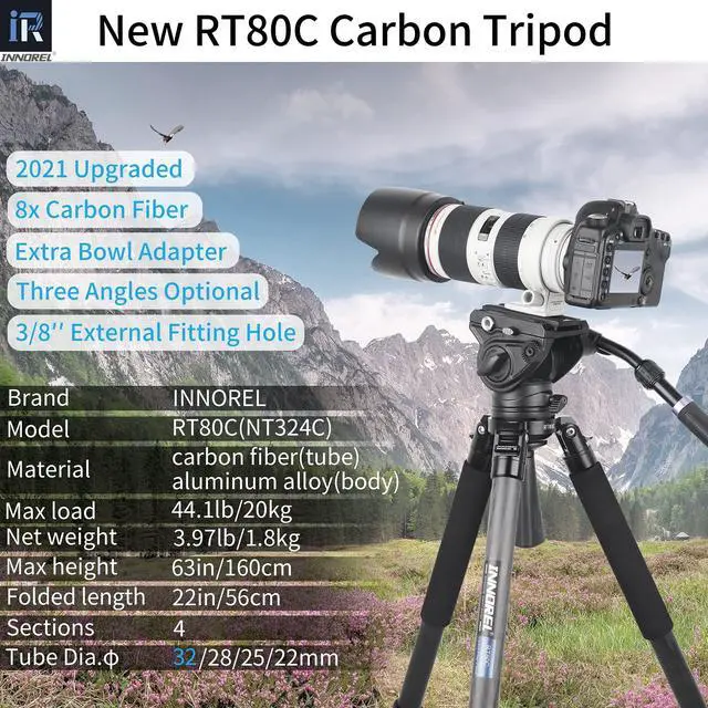 Alt view image 2 of 5 - INNOREL RT80C Carbon Fiber Tripod - Professional Birdwatching, Heavy Duty Camera Stand (Max Tube 32mm, Bowl Adapter Included, 20kg Max Load)