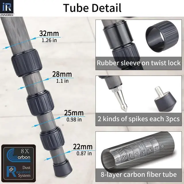 Alt view image 3 of 5 - INNOREL RT80C Carbon Fiber Tripod - Professional Birdwatching, Heavy Duty Camera Stand (Max Tube 32mm, Bowl Adapter Included, 20kg Max Load)