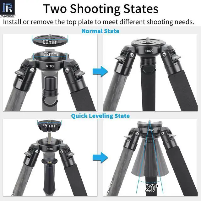 Alt view image 4 of 5 - INNOREL RT80C Carbon Fiber Tripod - Professional Birdwatching, Heavy Duty Camera Stand (Max Tube 32mm, Bowl Adapter Included, 20kg Max Load)