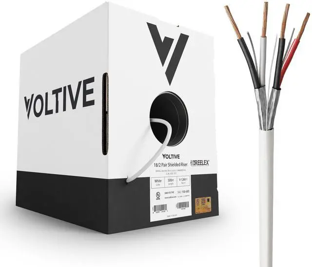 Main image of Voltive 18/2 Pair Shielded Low Voltage Wire, Riser CL3R, White, 500ft - 18AWG, 2 Shielded Twisted Pairs, Stranded Bare Copper, UL Listed - V-1260-1