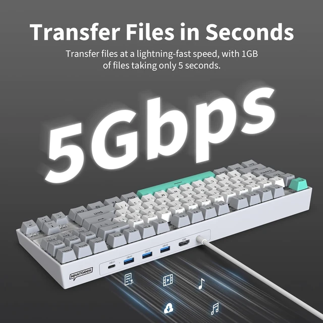 Alt view image 5 of 5 - 3inuS 5-in-1 Mechanical Gaming Keyboard with USB 3.0 Hub, 87-Key RGB Backlit Wired Keyboard with Hot-Swappable Red Switches, 5Gbps Data Transfer for Mac, Desktop, Laptop
