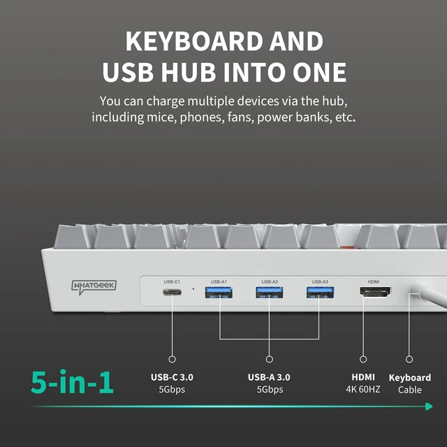 Alt view image 3 of 5 - 3inuS 5-in-1 Mechanical Gaming Keyboard with USB 3.0 Hub, 87-Key RGB Backlit Wired Keyboard with Hot-Swappable Red Switches, 5Gbps Data Transfer for Mac, Desktop, Laptop