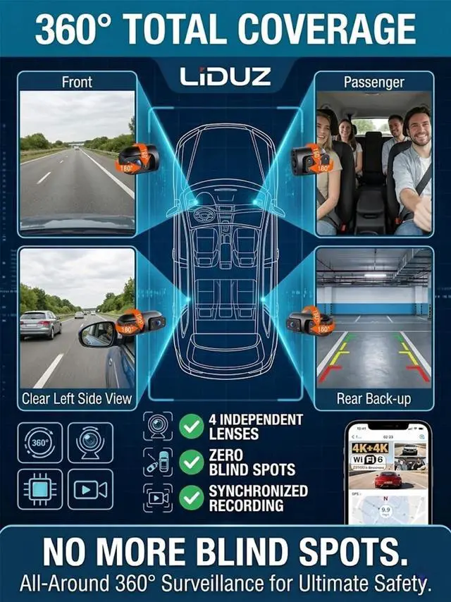 Alt view image 3 of 5 - Wireless Dash Cam Front and Rear No Wires, 4K 4-Channel Full View Car Dashcam System, 360 Degree Driving Recorder with Night Vision, Parking Monitor, G-Sensor, Motion Detection