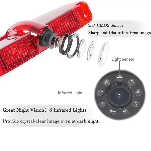 Alt view image 2 of 5 - EWAY 3rd Third Brake Light Backup Camera for Chevrolet Express/GMC Savana Explorer Van 1500 2500 3500 2003-2019 Roof Mount Reversing Camera for Cargo Top Rear Brake Light w/ 8 IR Light Night Vision