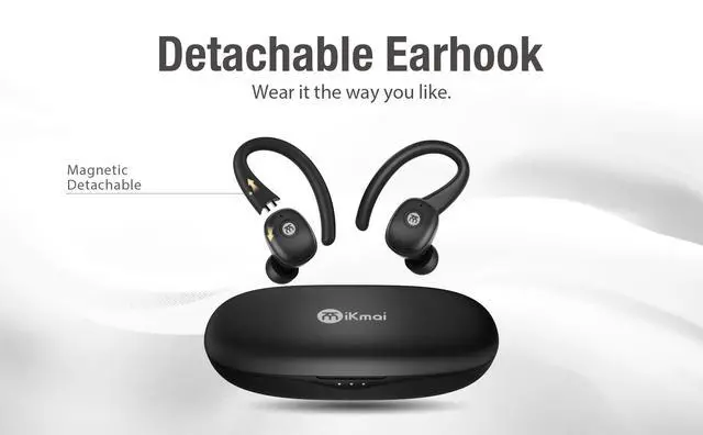 Alt view image 4 of 5 - iKmai Active Noise Cancelling Wireless Earbuds, Bluetooth Headphone Stereo Bass, Detachable Earhook, IPX5 Waterproof, 4 Microphone, 60ms Low Latency, Compact&Slim for Sports/Workout/Office/Trav