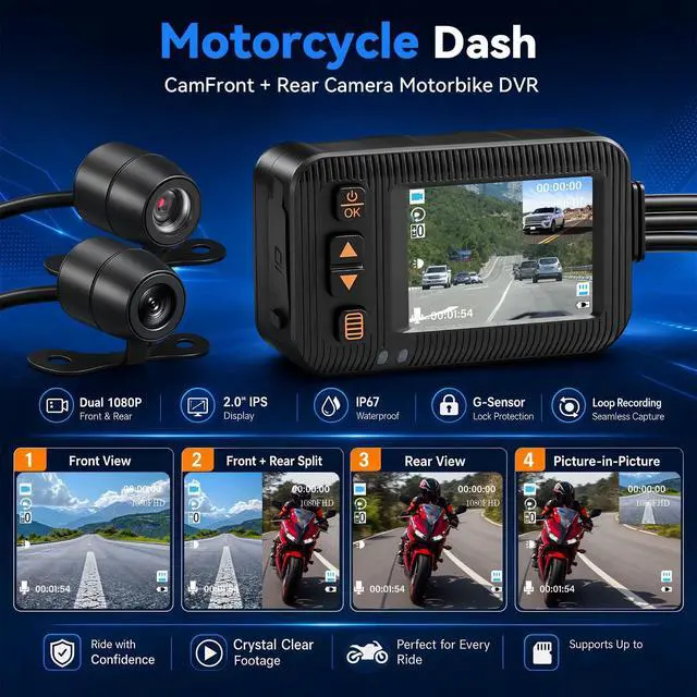 Alt view image 2 of 5 - Motorcycle Dash Cam Front and Rear,2 Inch Screen Motorbike Dual Camera DVR, IP67 Waterproof Motorbike Camera with Light Vision G-Sensor,Loop Recording,Dashcam