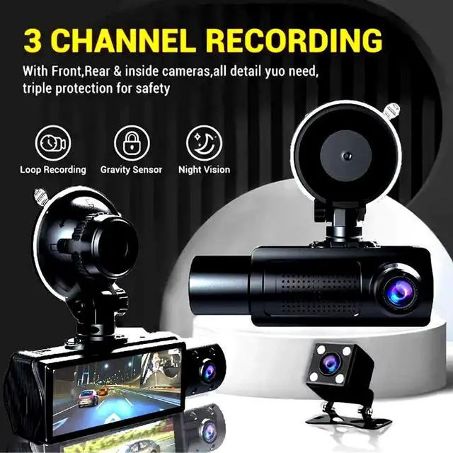 Alt view image 3 of 5 - 1080P Triple Dash Cam, Front Rear Inside Car Camera with Night Motion Detection G Sensor 24H Parking Mode Loop Recording Wide Angle for Drivers and Family Road Trips