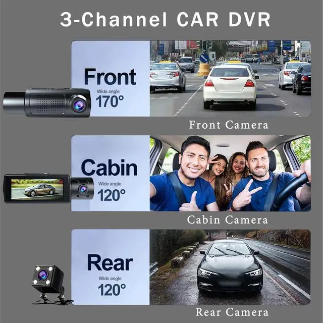 Alt view image 4 of 5 - 1080P Triple Dash Cam, Front Rear Inside Car Camera with Night Motion Detection G Sensor 24H Parking Mode Loop Recording Wide Angle for Drivers and Family Road Trips