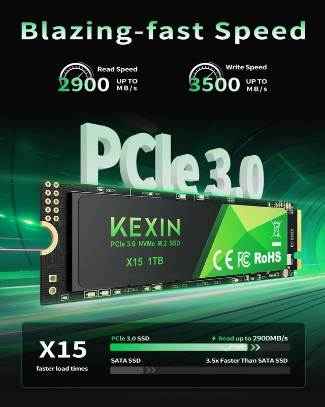 Alt view image 2 of 5 - KEXIN SSD M.2 NVMe Internal SSD 1TB M.2 2280, PCIe Gen 3.0, up to 3500 MB/s Read, 3000 MB/s Write, Internal Solid State Drive Compatible with Laptop,PC,Gaming Black,1TB