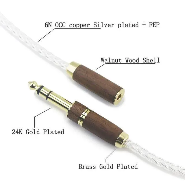 Alt view image 5 of 5 - ABLET 3.5mm 1/8" TRS Male and 6.3mm 1/4" Adapter to 4.4mm Balanced Female Headphone Audio Adapter Walnut Wood Shell Cable 8 Cores 6N OCC Copper Single Crystal Silver Plated Wire