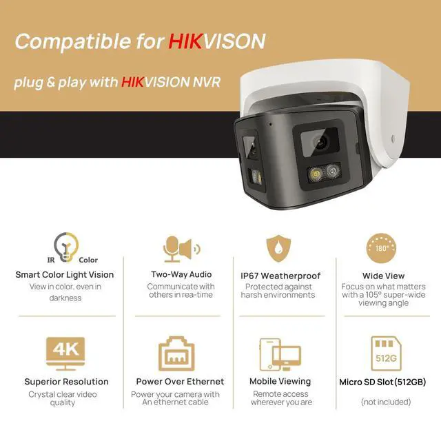 Alt view image 3 of 5 - PANOEAGLE 4K Dual-Lens PoE Security Camera with 180 Panoramic View,Outdoor 8MP IP Turret Camera w/Human/Vehicle Detection,98ft Full Color/IR Night Vision,2-Way Talk,SD Slot(512GB),IP67,NDAA Complaint