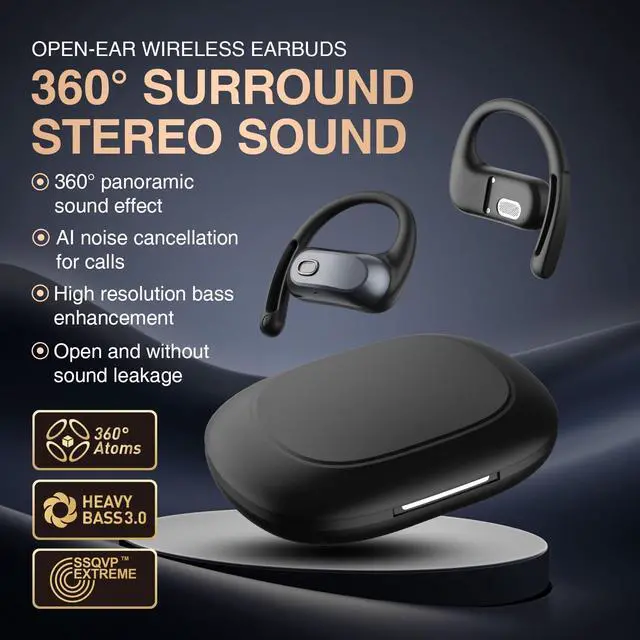 Alt view image 2 of 5 - Butyoef Open Ear Headphones,Silicone Ear Hanger,360-Degree Panoramic Sound,Air Conduction, LED Display,IPX7 Waterproof, Wireless Earbuds for Meeting, Driving,Traveling (Black)