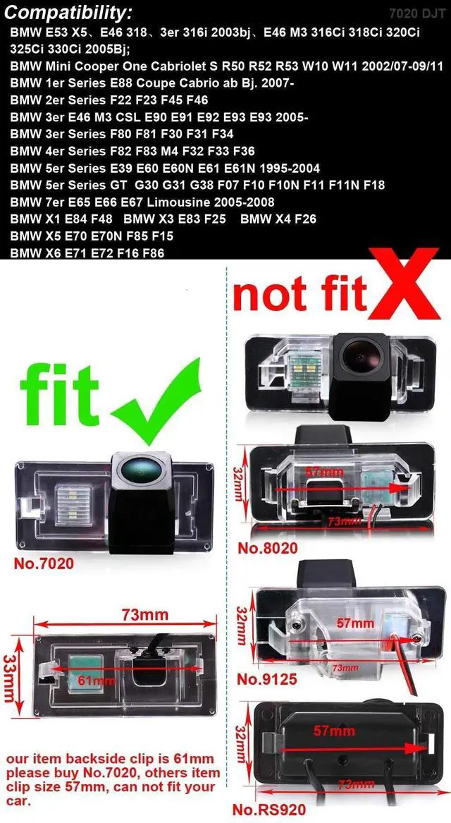 Alt view image 2 of 5 - HD IP68 170 Night Vision Reversing Plate Light License Rear View Backup Camera Compatible with BMW E53 X5 E46 R50 R52 R53 W10 W11 E88 F22 F23 F45 F46 E90 E91 E92 E93 F80 F81 F30 F31 F34 F82 E39(7020
