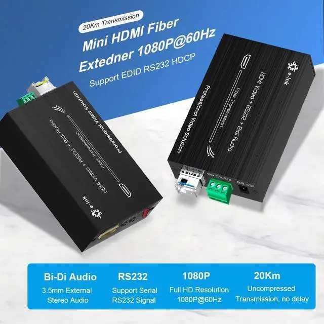 Alt view image 2 of 5 - Mini HDMI Extender 1080p@60Hz, Full HD Uncompressed Transmission Up to 20km Over Fiber Optic Cable Single-Mode with External Stereo Audio, Support EDID RS232 HDCP