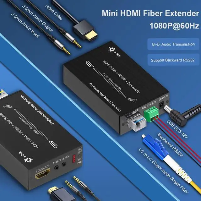 Alt view image 3 of 5 - Mini HDMI Extender 1080p@60Hz, Full HD Uncompressed Transmission Up to 20km Over Fiber Optic Cable Single-Mode with External Stereo Audio, Support EDID RS232 HDCP