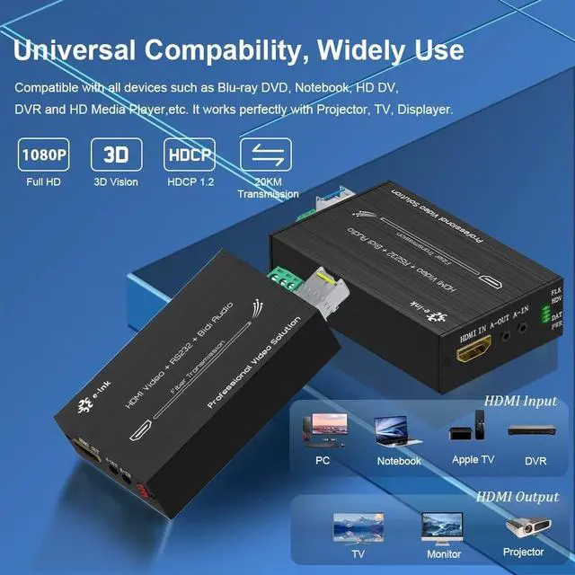 Alt view image 4 of 5 - Mini HDMI Extender 1080p@60Hz, Full HD Uncompressed Transmission Up to 20km Over Fiber Optic Cable Single-Mode with External Stereo Audio, Support EDID RS232 HDCP