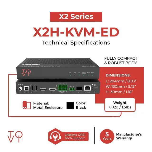 Alt view image 5 of 5 - ToVi 4K AV-Over-IP HDMI Encoder/Decoder with USB/KVM, PoE, RS-232, IR, Fiber & RJ45, Multi-Window, Video Wall, Matrix Switching, 100m CAT6 Transmission (X2H-KVM-ED)