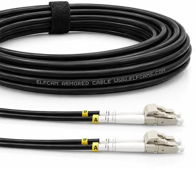 Main image of Elfcam - 150m/492.1ft Outdoor and Indoor Shielded Armored Fiber Optic Cable LC/UPC to LC/UPC OM3 Multimode Duplex 50/125m LSZH, Black (150M)
