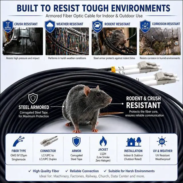 Alt view image 5 of 5 - Elfcam - 150m/492.1ft Outdoor and Indoor Shielded Armored Fiber Optic Cable LC/UPC to LC/UPC OM3 Multimode Duplex 50/125m LSZH, Black (150M)