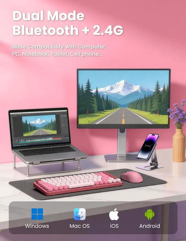 Alt view image 2 of 5 - LAMA Colorful Wireless Keyboard and Mouse Combo, Retro 85 Keys Round Keyboard Mouse Set, Adjustable DPI Mouse, 2.4GHz USB Receiver, Silent Keyboard, Cute Mouse for PC, Windows, MAC, Desktop,Lap