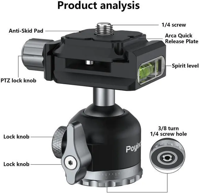 Alt view image 2 of 5 - POYINCO Tripod Mini Ball Head 360 Degree Rotating Panoramic Ballhead with 1/4" Screw Quick Shoe Plate, for Tripod Monopod Slider DSLR Camera Camcorder,Max Load up to 5 kg/ 11lb